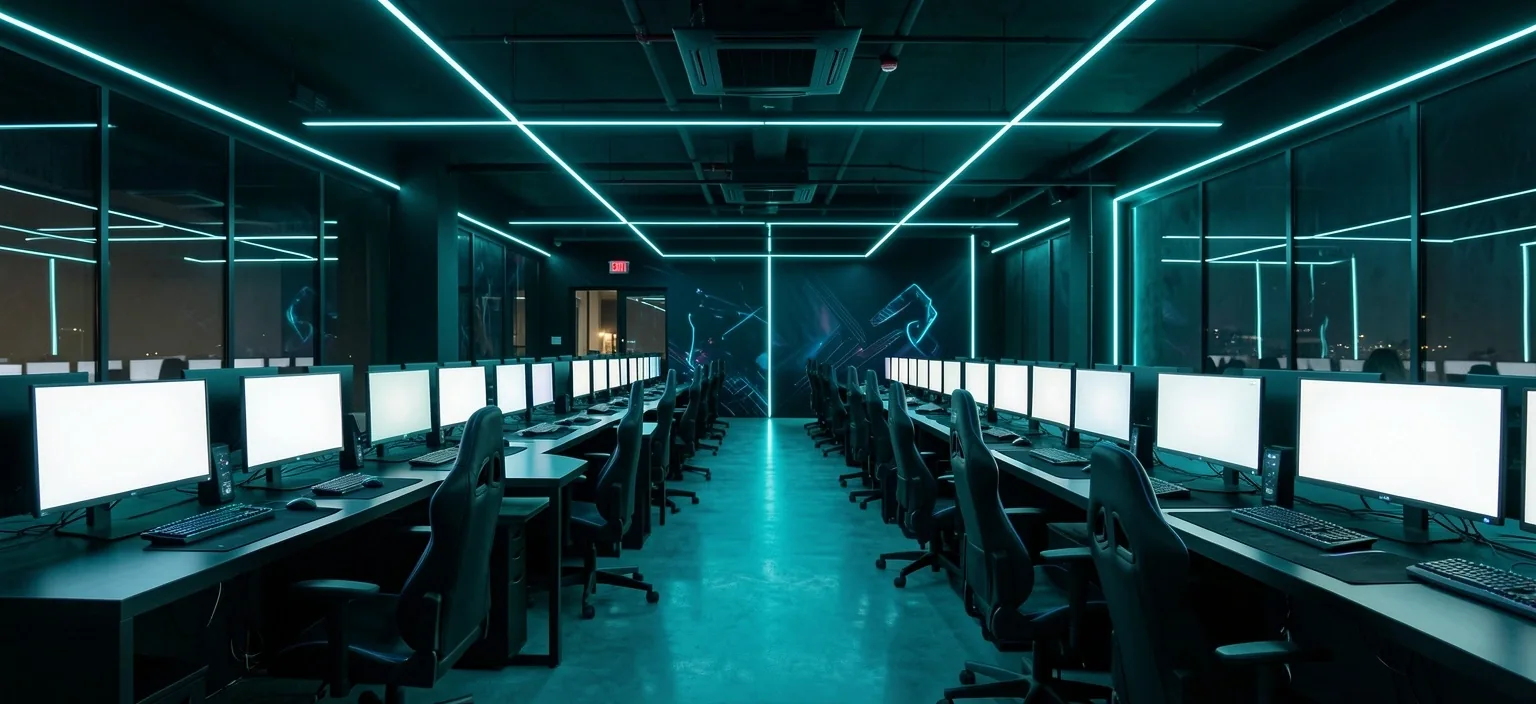 Ambiente nocturno del centro con iluminación LED cian orientada a concentración