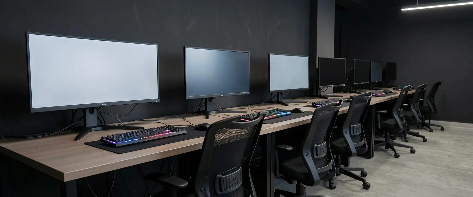 Fila de estaciones de trabajo premium con sillas ergonómicas y escritorios amplios