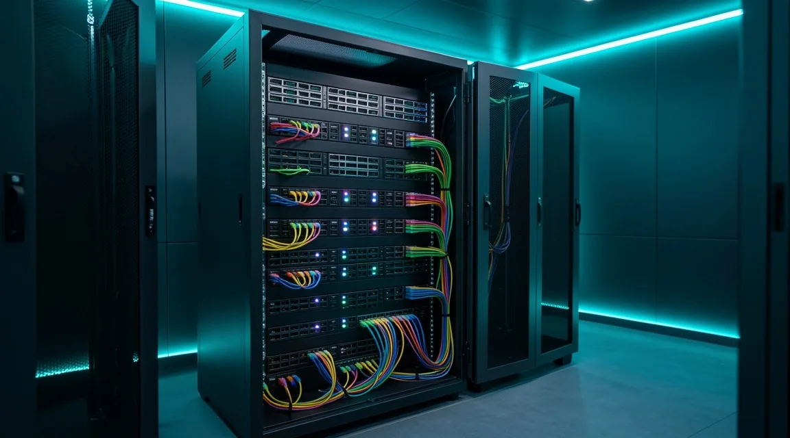 Rack de servidores con cableado estructurado y paneles de conexión organizados