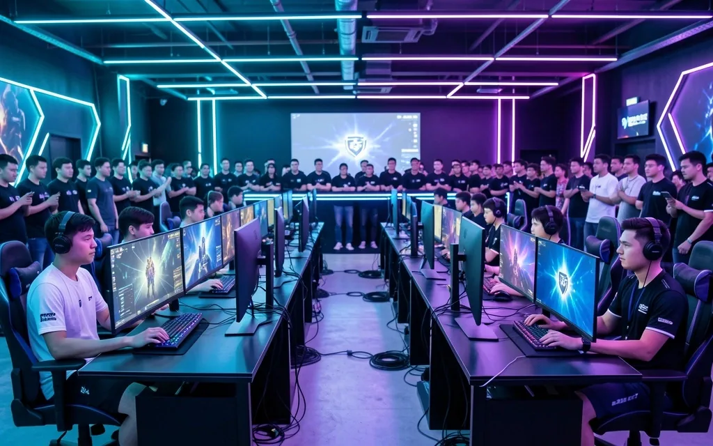 Sala configurada para torneo con estaciones dispuestas en filas enfrentadas