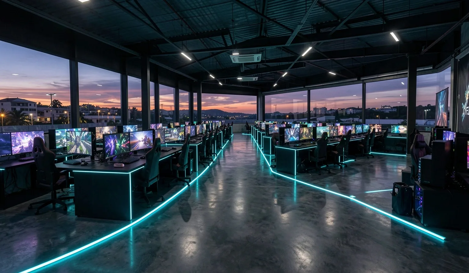 Vista panorámica del interior del centro de cómputo Falveto con iluminación LED cian