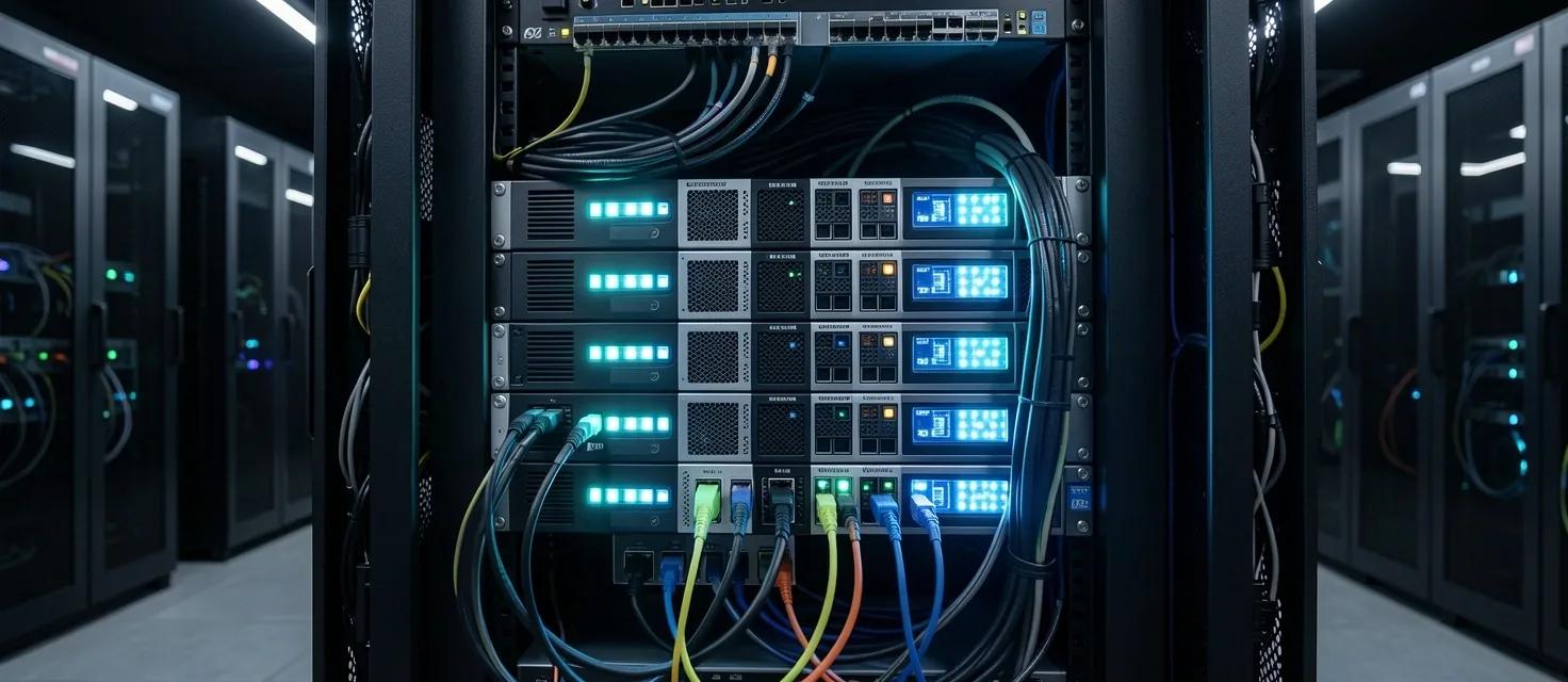 Rack de red con switches industriales y cableado estructurado