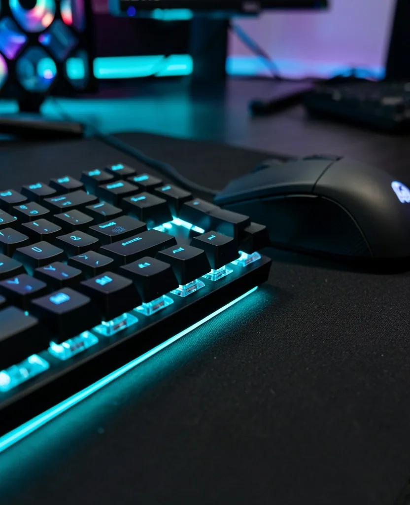 Teclado mecánico y ratón de precisión con iluminación cian