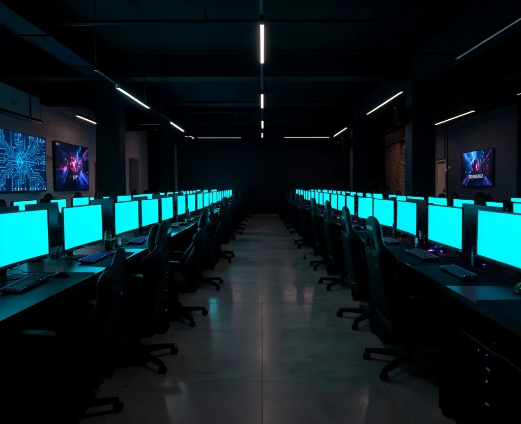 Interior del centro de cómputo Falveto con estaciones de trabajo iluminadas